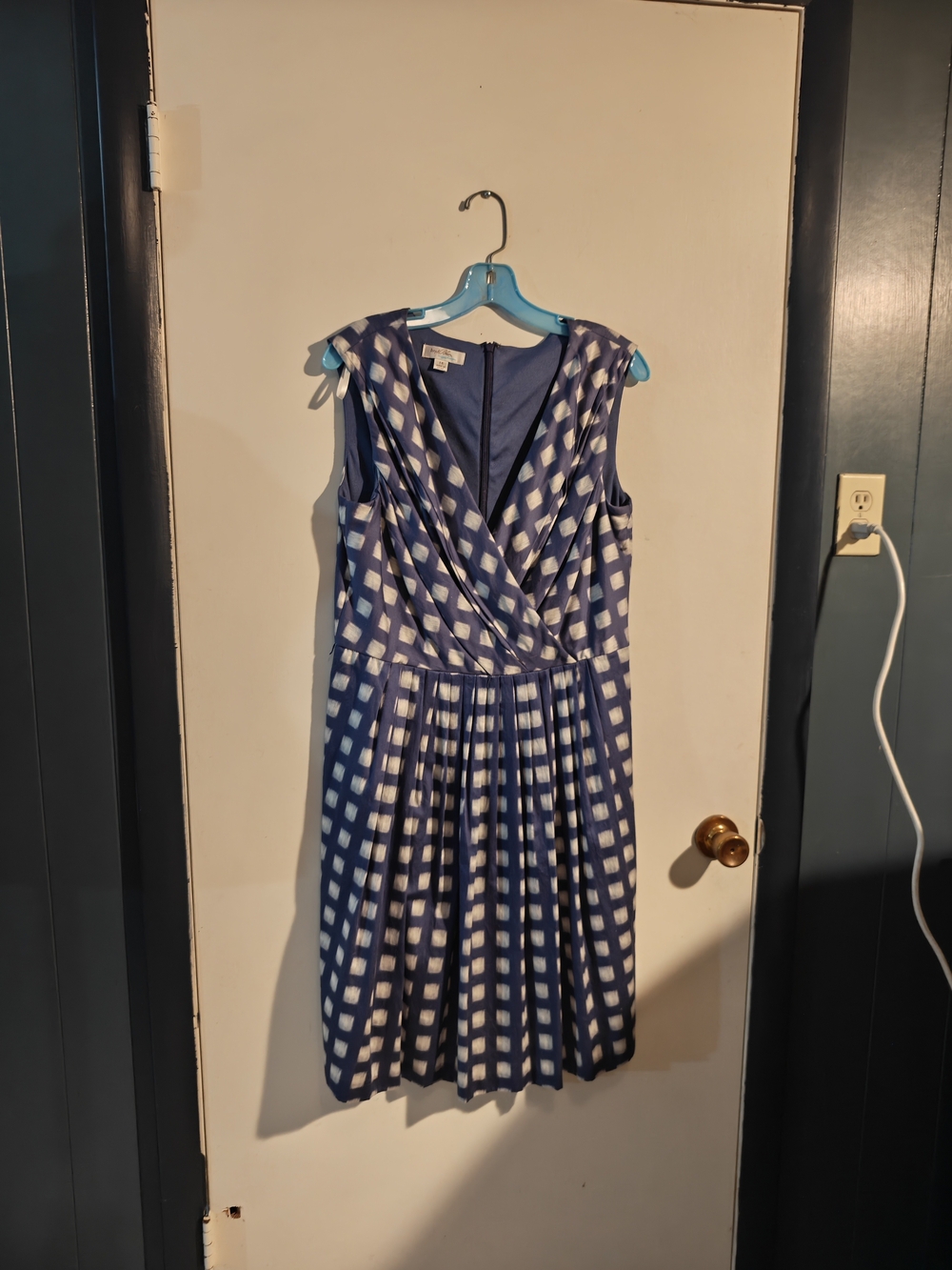 Sleeveless Blue Check Dress with Pleated Skirt